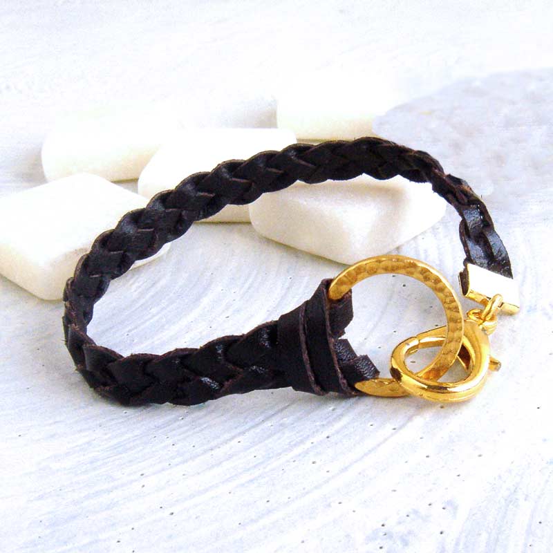 レザーコードのメタルリングブレスレット(BR×BR)