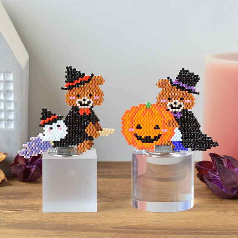 シェイプドステッチで作るくまさんのハロウィン（パンプキンと仲良しそらくん）